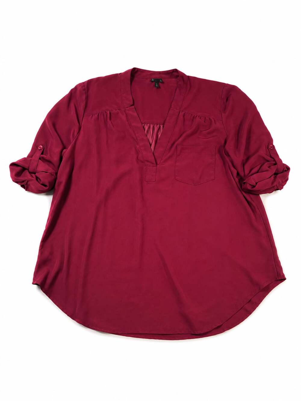 Maurices Women's Burgundy Sheer 3/4 Roll Tab Sleeve V-Neck Popover Blouse with C
